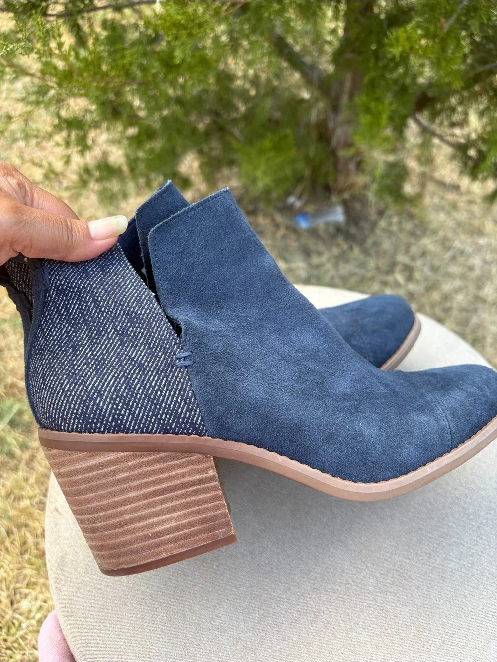 Toms Navy Suede Ankle Booties with Patterned Back